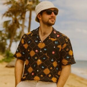 Percival Tuck Shop Tapestry Cuban Shirt Men XL Black Embroidered Linen Button Up